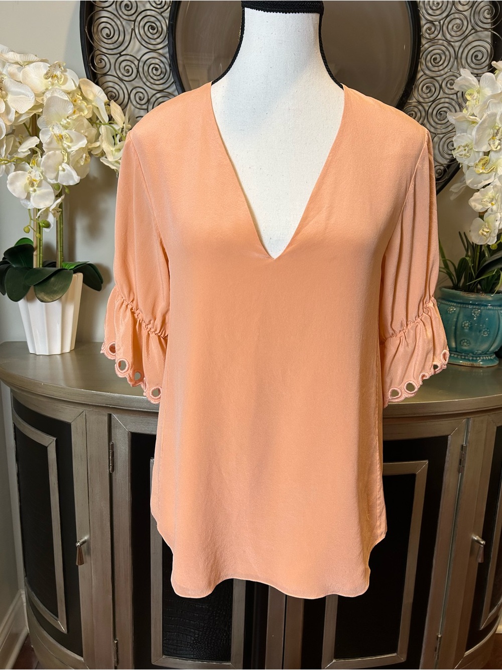 Chloe Peach V-Neck Eyelet Ruffle Sleeve Blouse